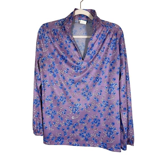 Retro Floral Top M Purple Mod Boho Western Classic Chic Artsy Folk Hippie Indie - Picture 1 of 7
